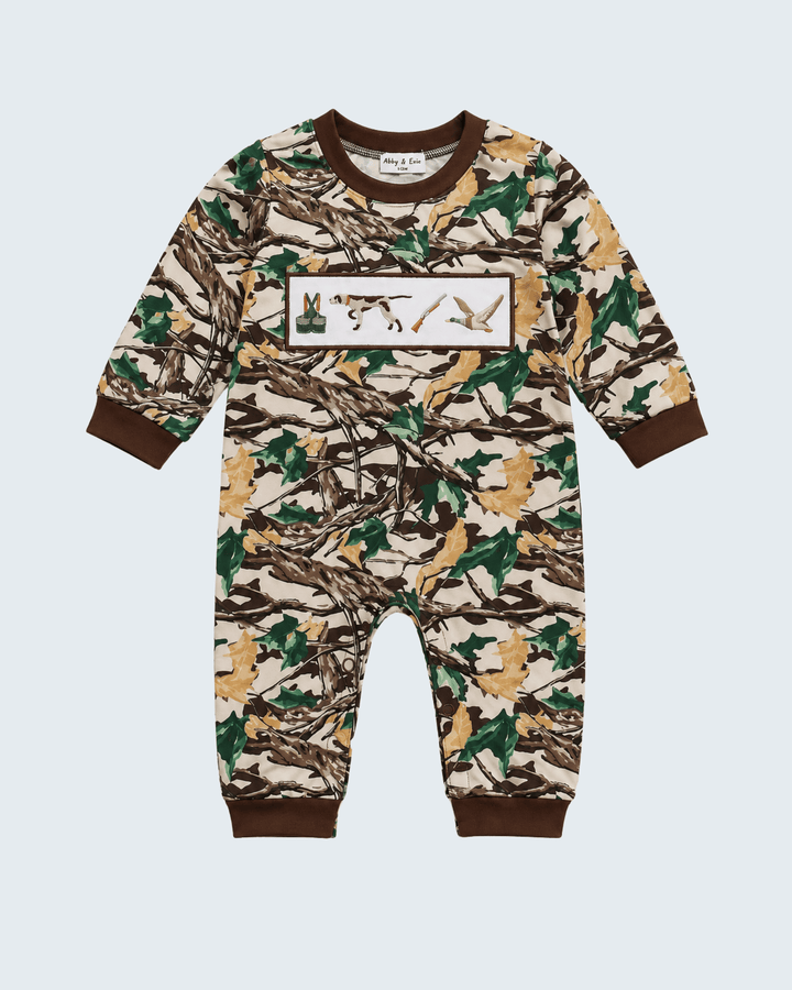 Camouflage romper with chest patch embroidery and long legs; crew neckline