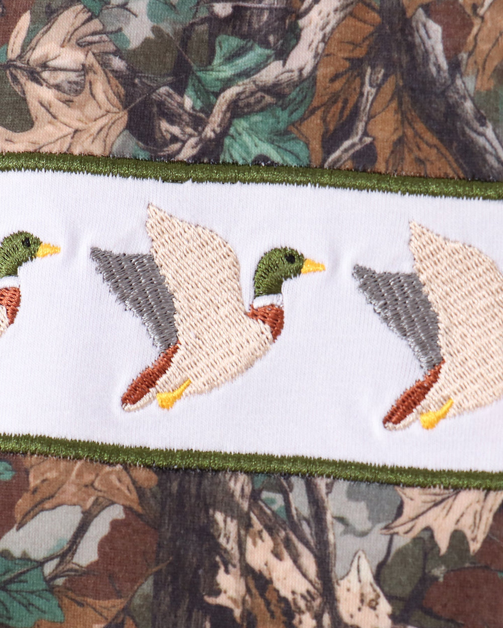 Close-up of a fabric product featuring a white horizontal band with embroidered mallards, bordered by green trim, set against a camouflage woodland background.