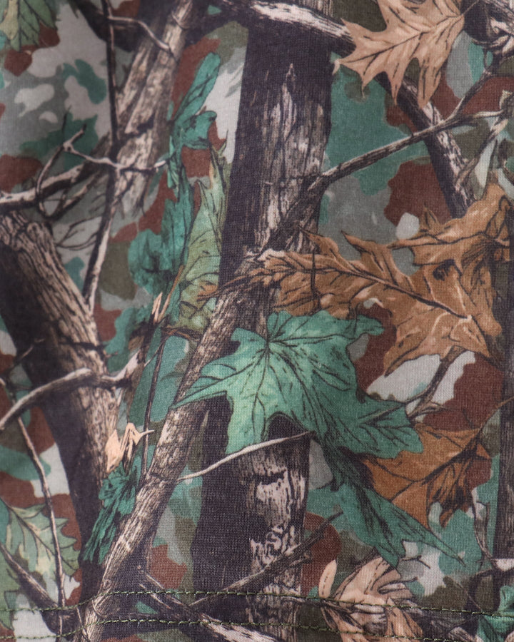 Close-up of a woodland camouflage fabric with branches, leaves, and bark in green, brown, tan, and gray tones.