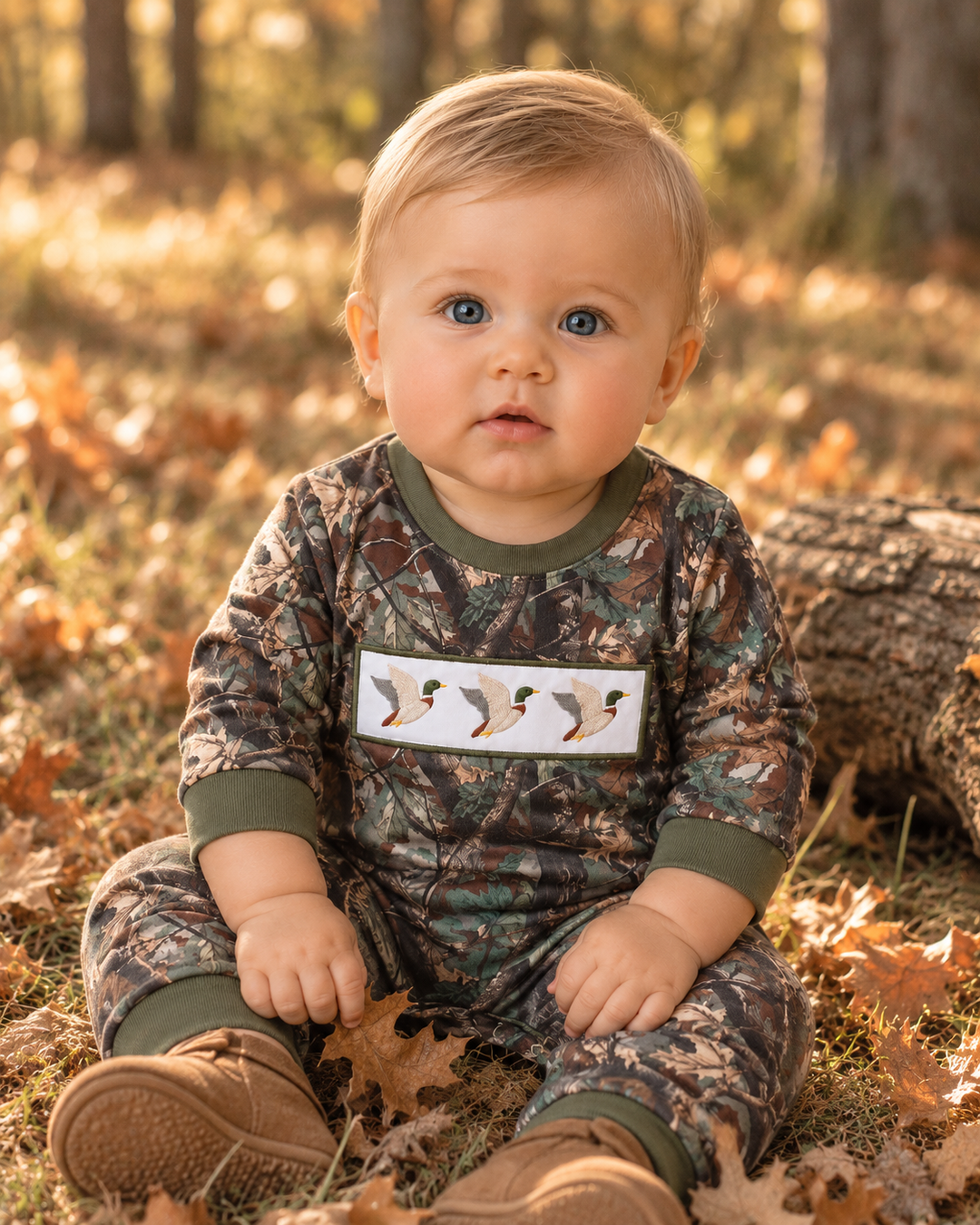 Baby boy sitting on ground by the edge of the trees.