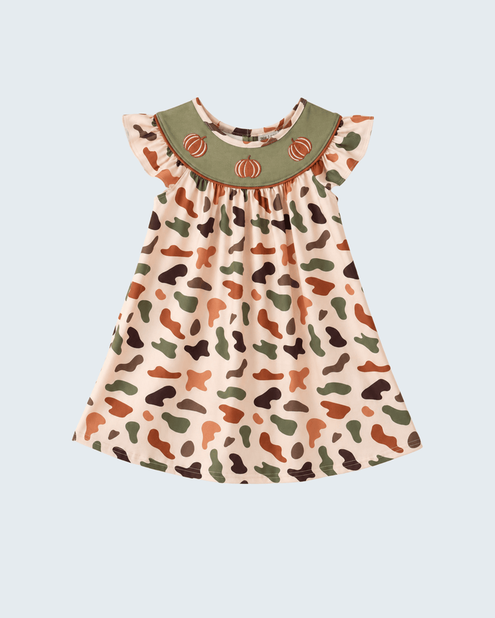 Camouflage Pumpkin Embroidery Ruffle Dress
