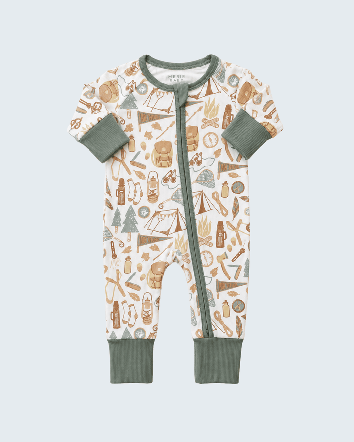 Bamboo zip-front romper with camping print, green ribbed cuffs and waistband