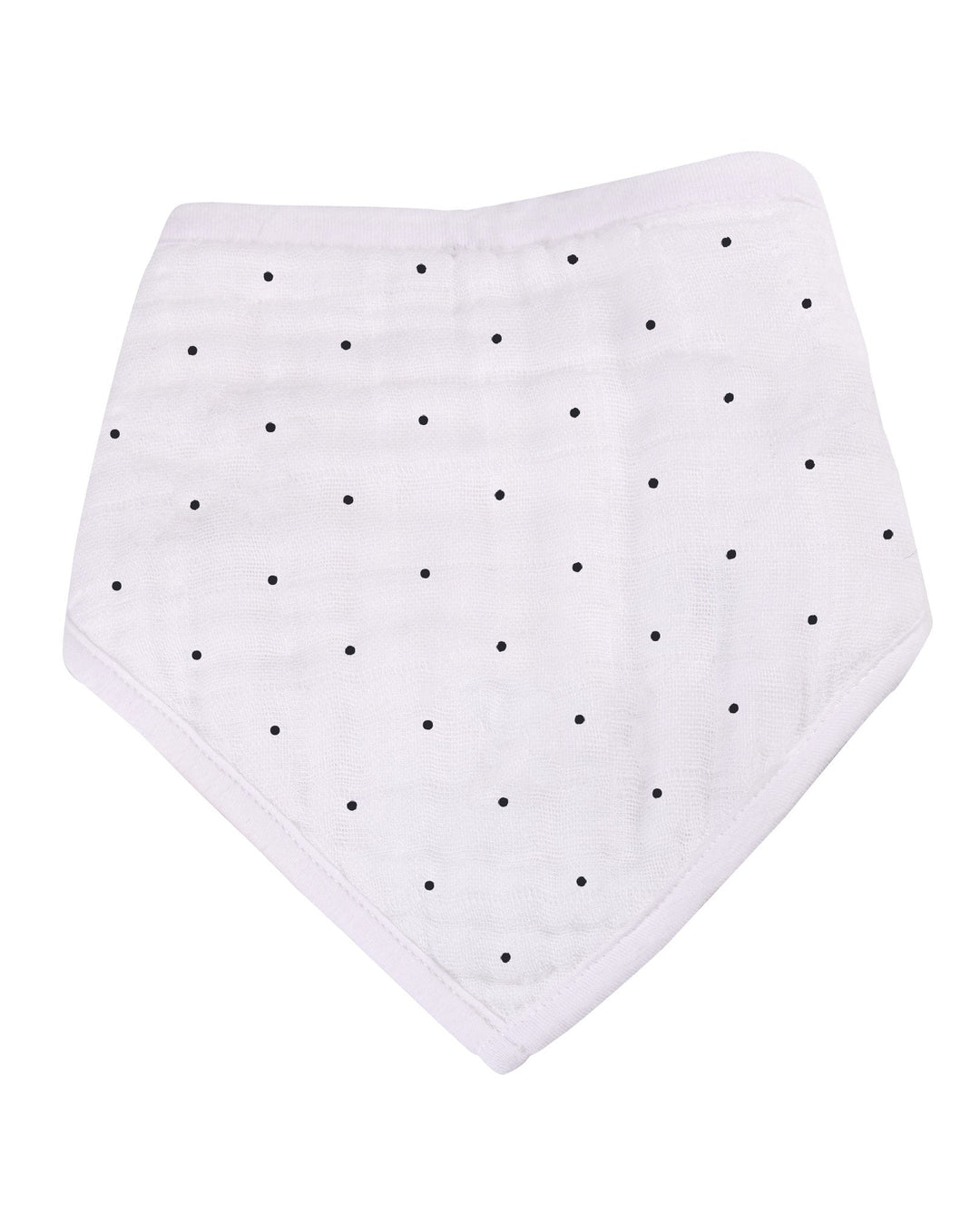 White bandana bib with black polka dots on a white background