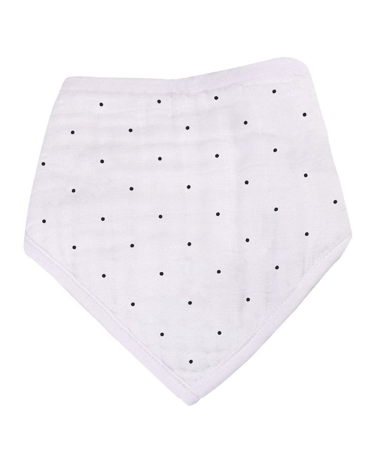 White bandana bib with black polka dots on a white background