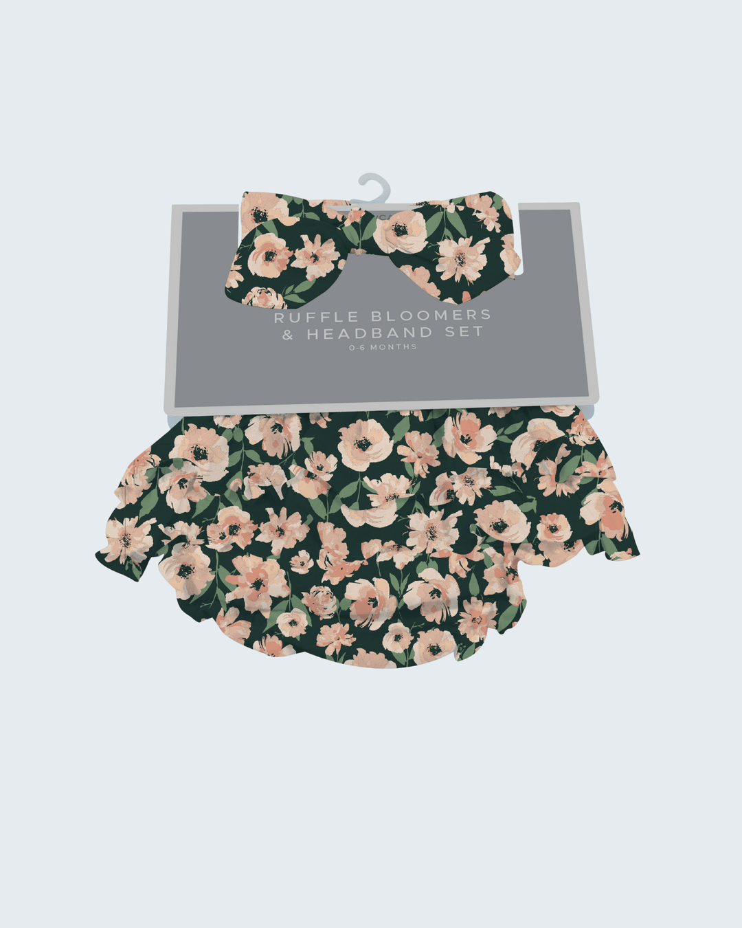 Dark green floral ruffle bloomers with gathered waist and elastic legs