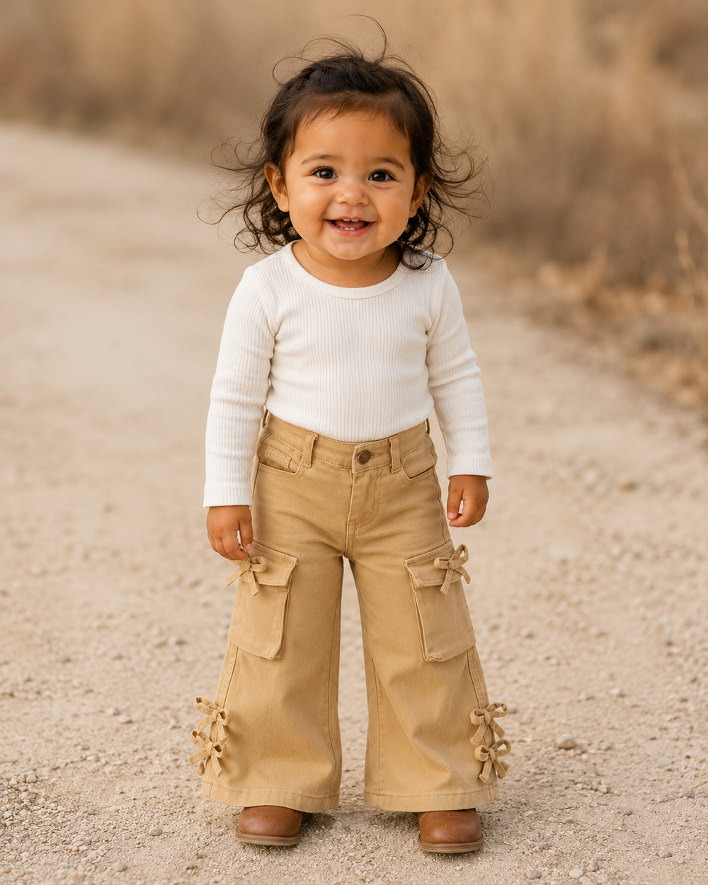 A smiling toddler stands on a dirt path wearing a white ribbed long-sleeve top and tan cargo-style pants with decorative fabric flowers near the hems.