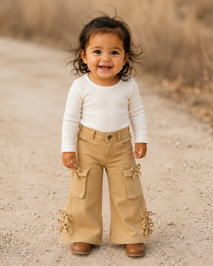 A smiling toddler stands on a dirt path wearing a white ribbed long-sleeve top and tan cargo-style pants with decorative fabric flowers near the hems.
