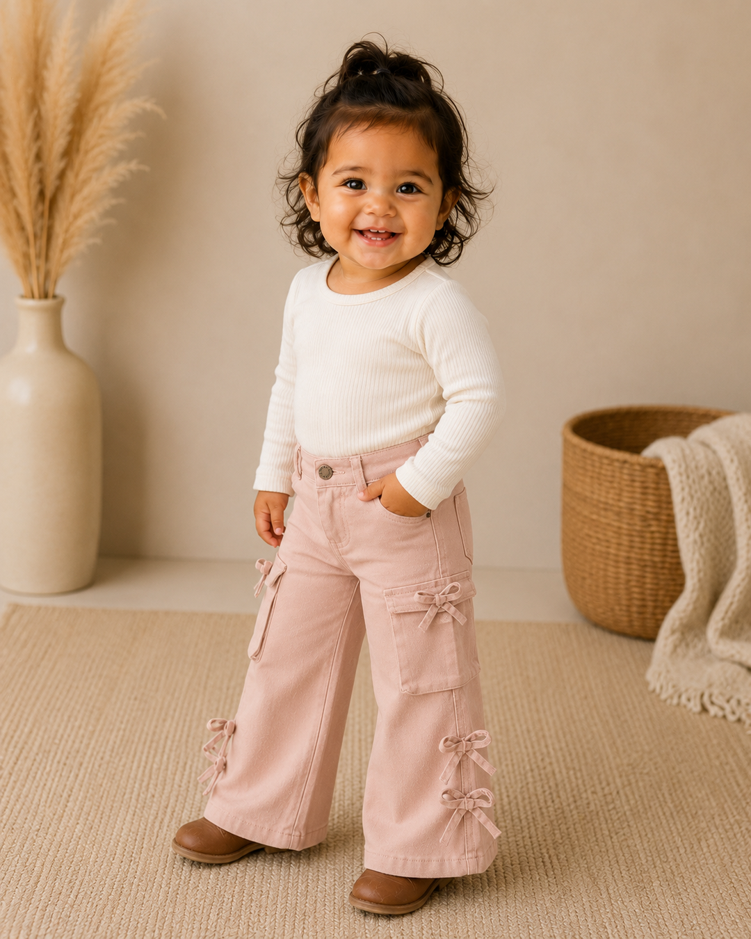 A toddler girl stands in a styled indoor setting wearing a white ribbed long-sleeve top and light pink wide-leg cargo pants with bow details. The background features a neutral beige wall, a vase with dried grass, and a woven basket with a cream throw blanket.