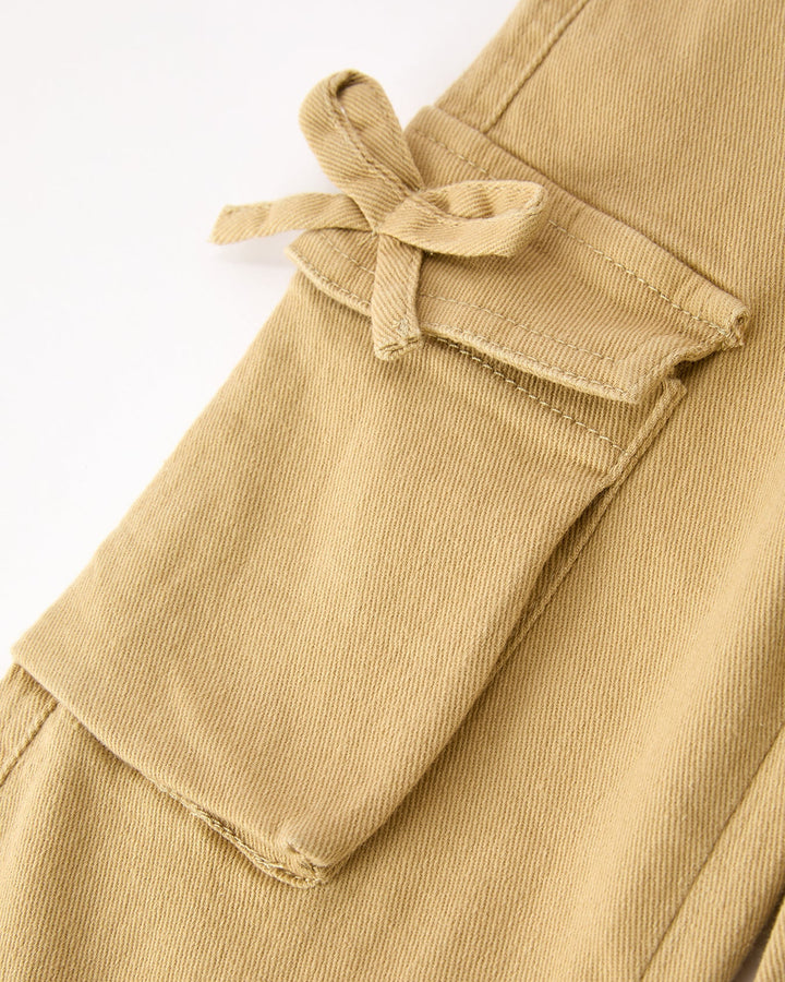 Khaki girls cargo pants side bow detail on flap pocket