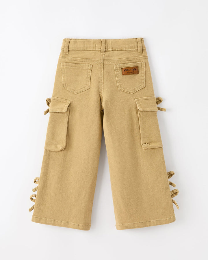 Khaki girls wide-leg cargo pants with back pockets and side bow ties