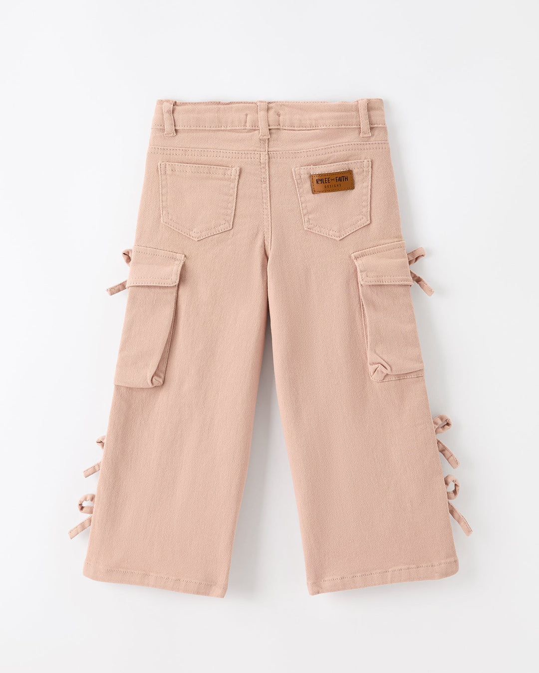 Light pink girls wide-leg cargo pants with back pockets and side bow ties