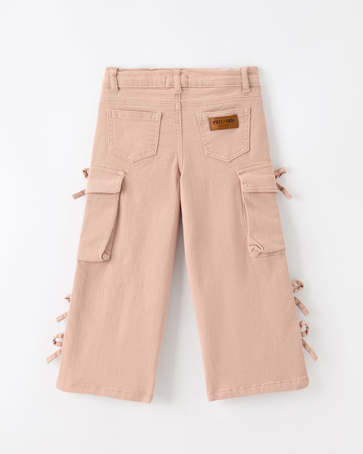 Light pink girls wide-leg cargo pants with back pockets and side bow ties
