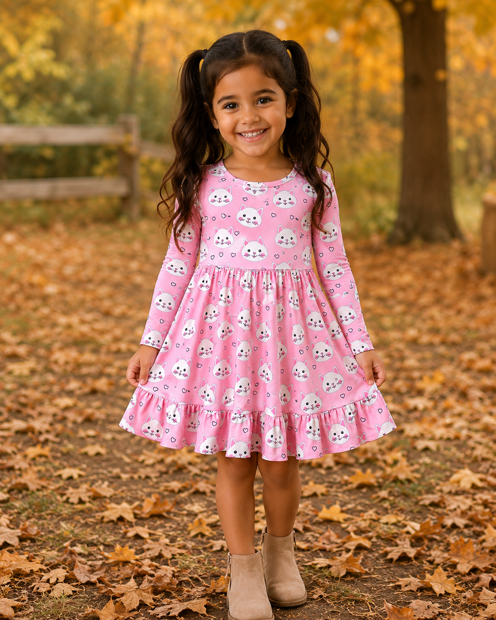 Young girl in a pink dress with a pattern of black and white characters standing in an autumn setting.