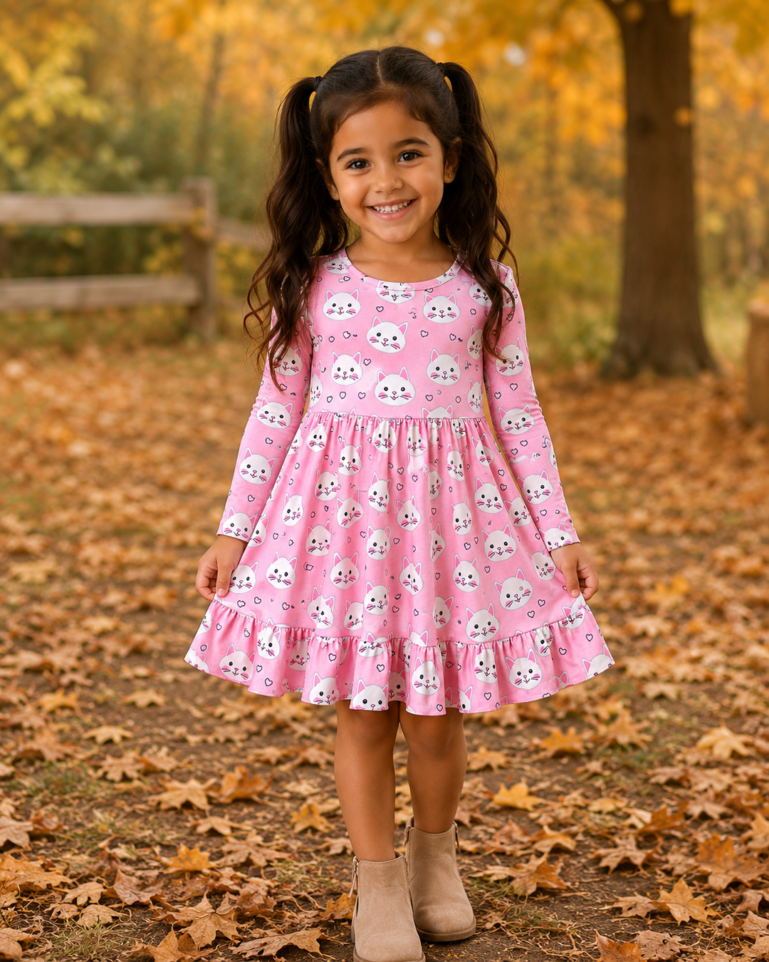 Young girl in a pink dress with a pattern of black and white characters standing in an autumn setting.