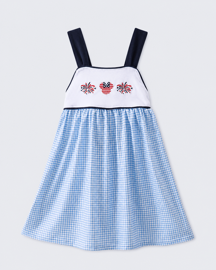 Fourth of July character print gingham dress for girls