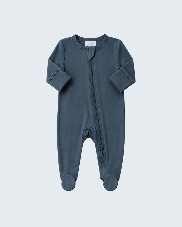 Charcoal bamboo footed romper with front zipper and long sleeves