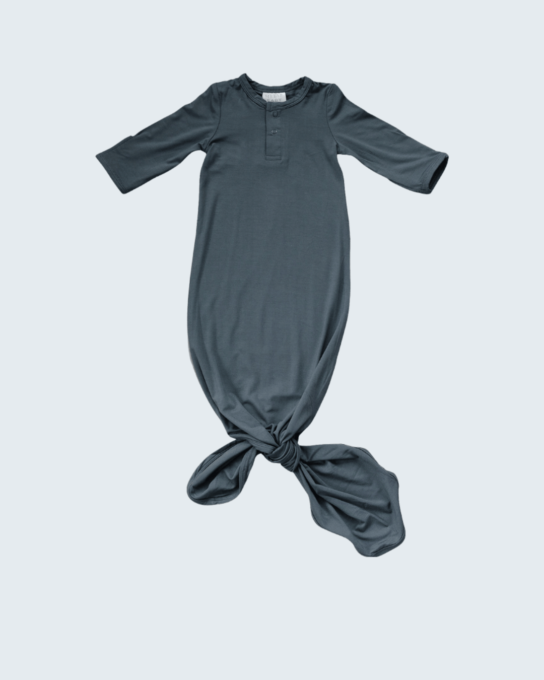 Dark gray baby gown with a knot at the bottom on a light gray background