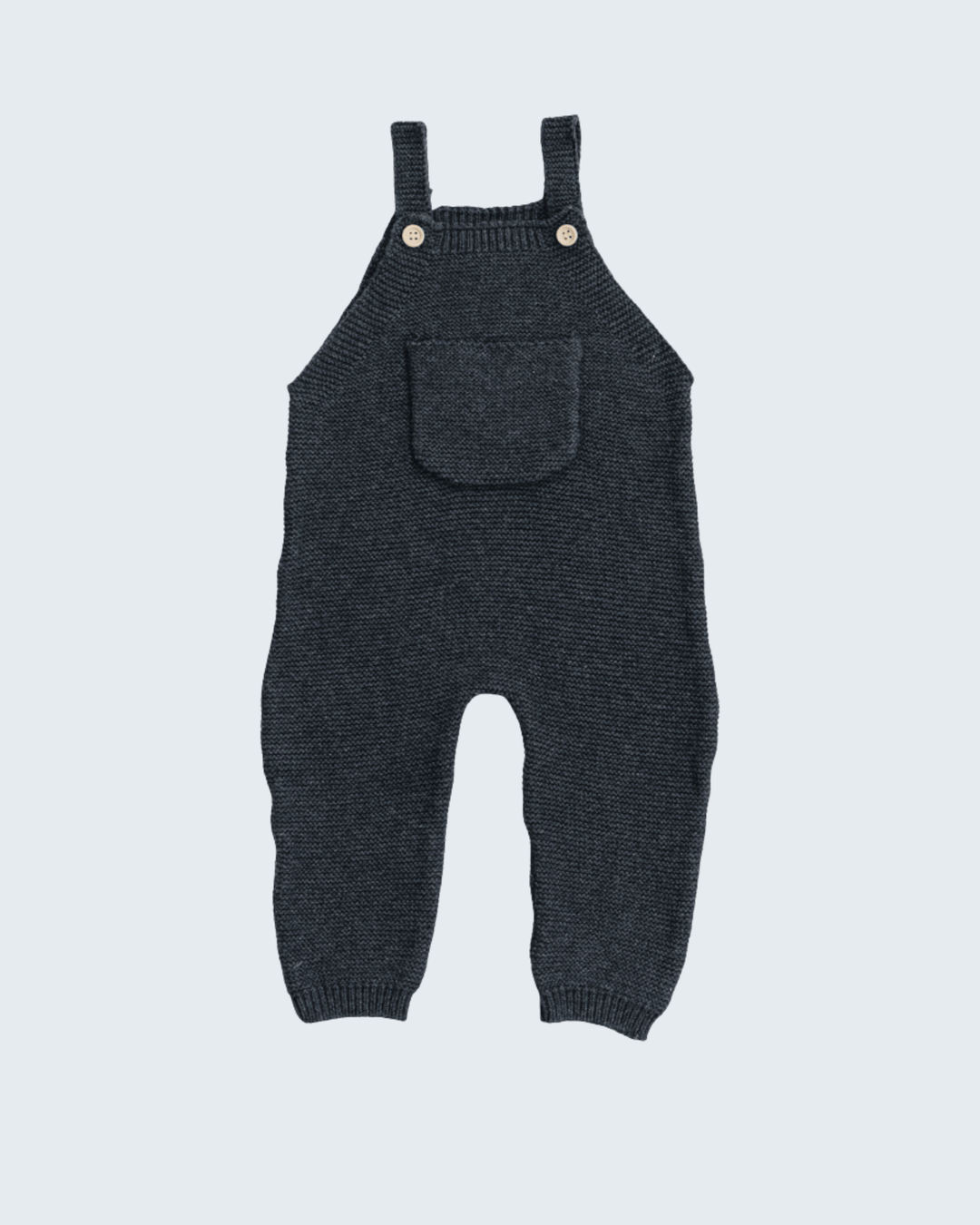 A dark charcoal gray knit baby overall romper with adjustable shoulder straps, a front patch pocket, and two small gold-tone snap buttons, shown against a light gray background.