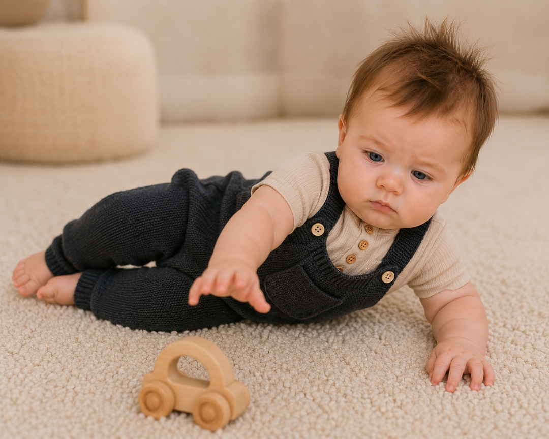 A baby lying on a beige carpet, wearing a cream short-sleeve top and dark navy knit overalls, reaching toward a small wooden toy car.
