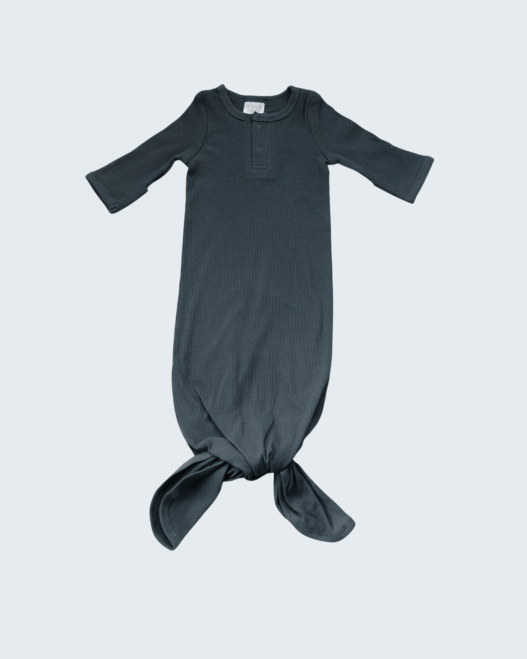 Dark gray baby gown with long sleeves on a light gray background