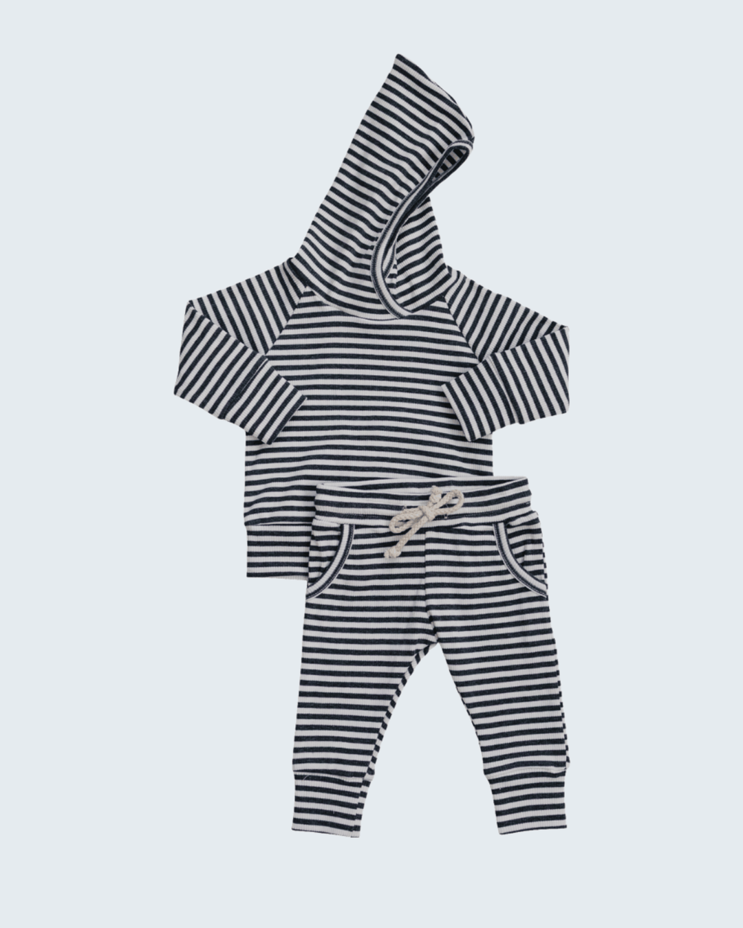Children's charcoal-and-white striped ribbed hooded set with drawstring pants
