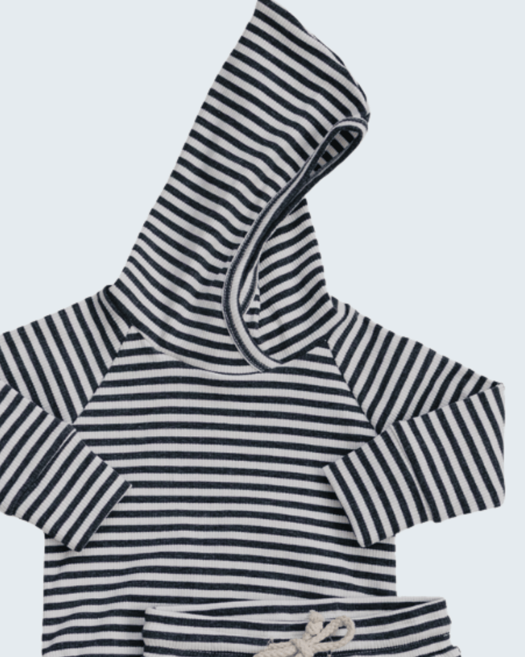 Charcoal-and-white striped ribbed hooded sweatshirt with kangaroo pocket
