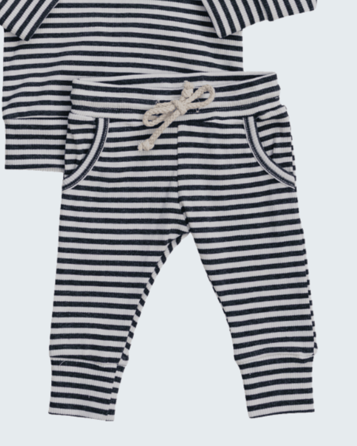 Charcoal-and-white striped ribbed drawstring pants with side pockets