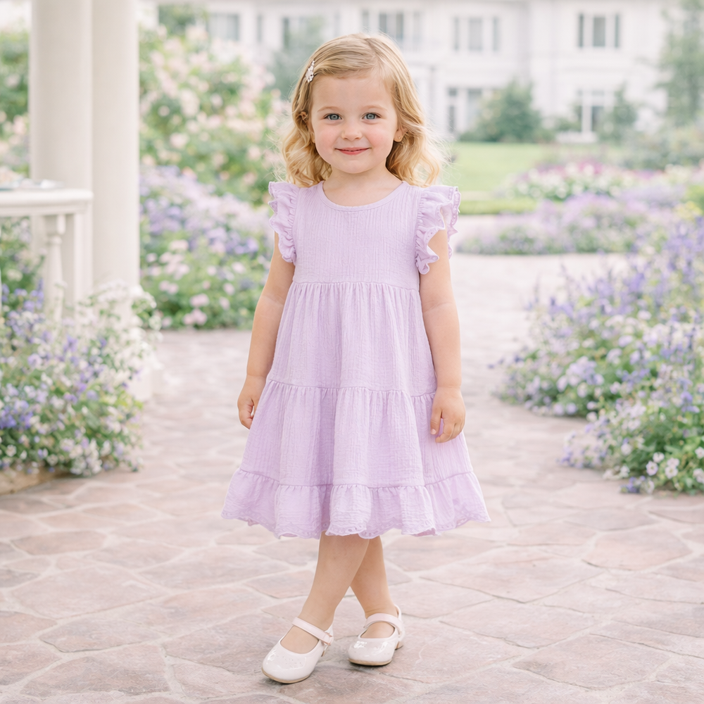 Lavender Gauze Dress w/Eyelet Flutter Sleeves