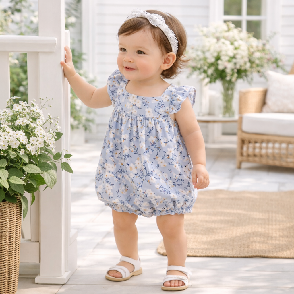 Blue Floral Baby Romper with Ruffles