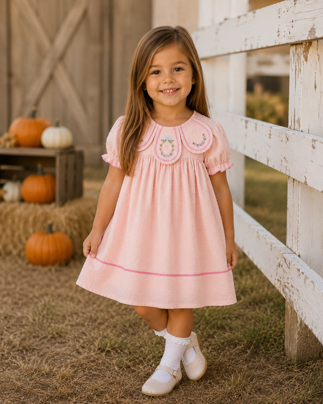 Blush pink petal-collar dress with embroidered neckline, short sleeves, dotted skirt