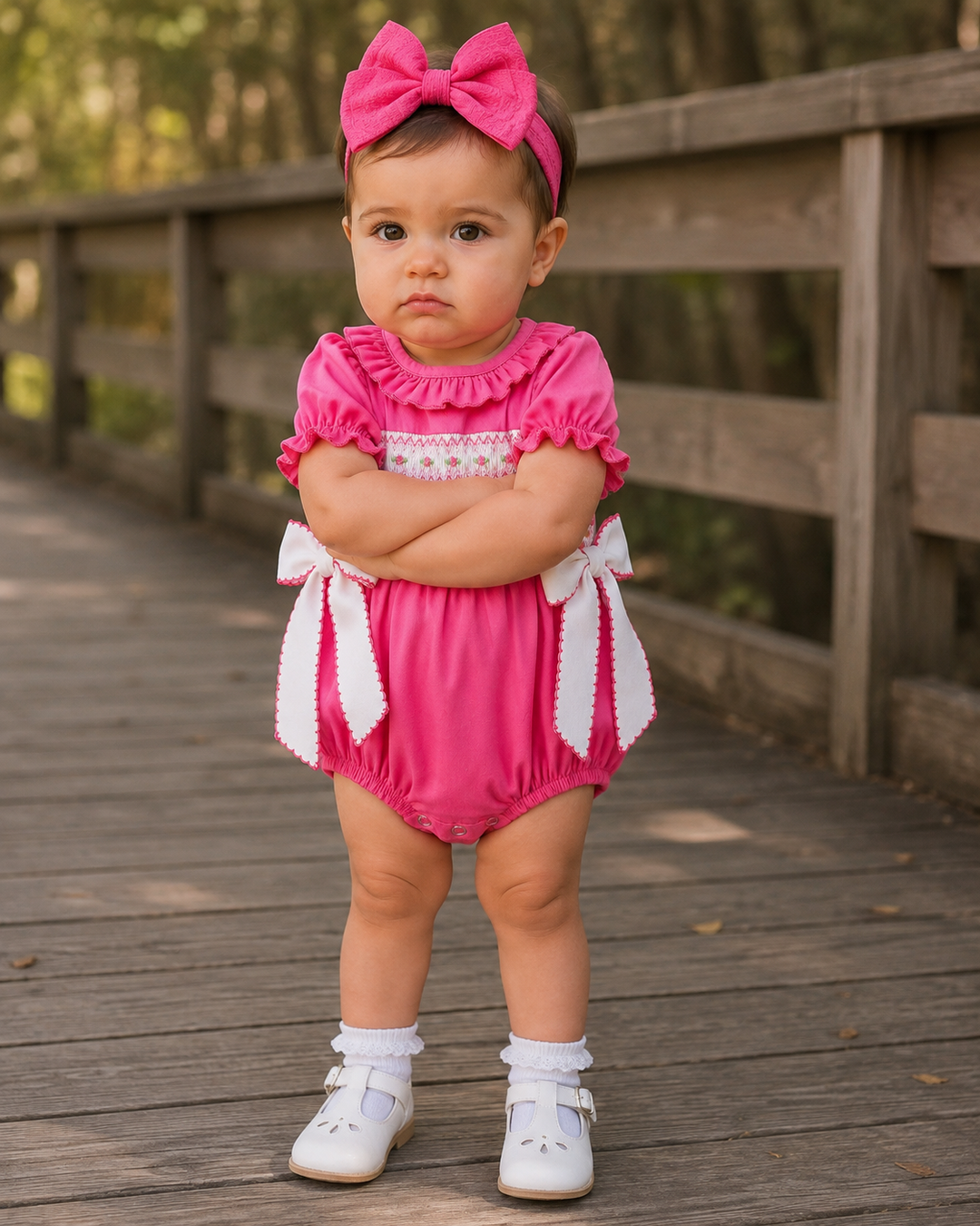 Hot pink baby romper with ruffled neckline, white patterned yoke, side bow ties
