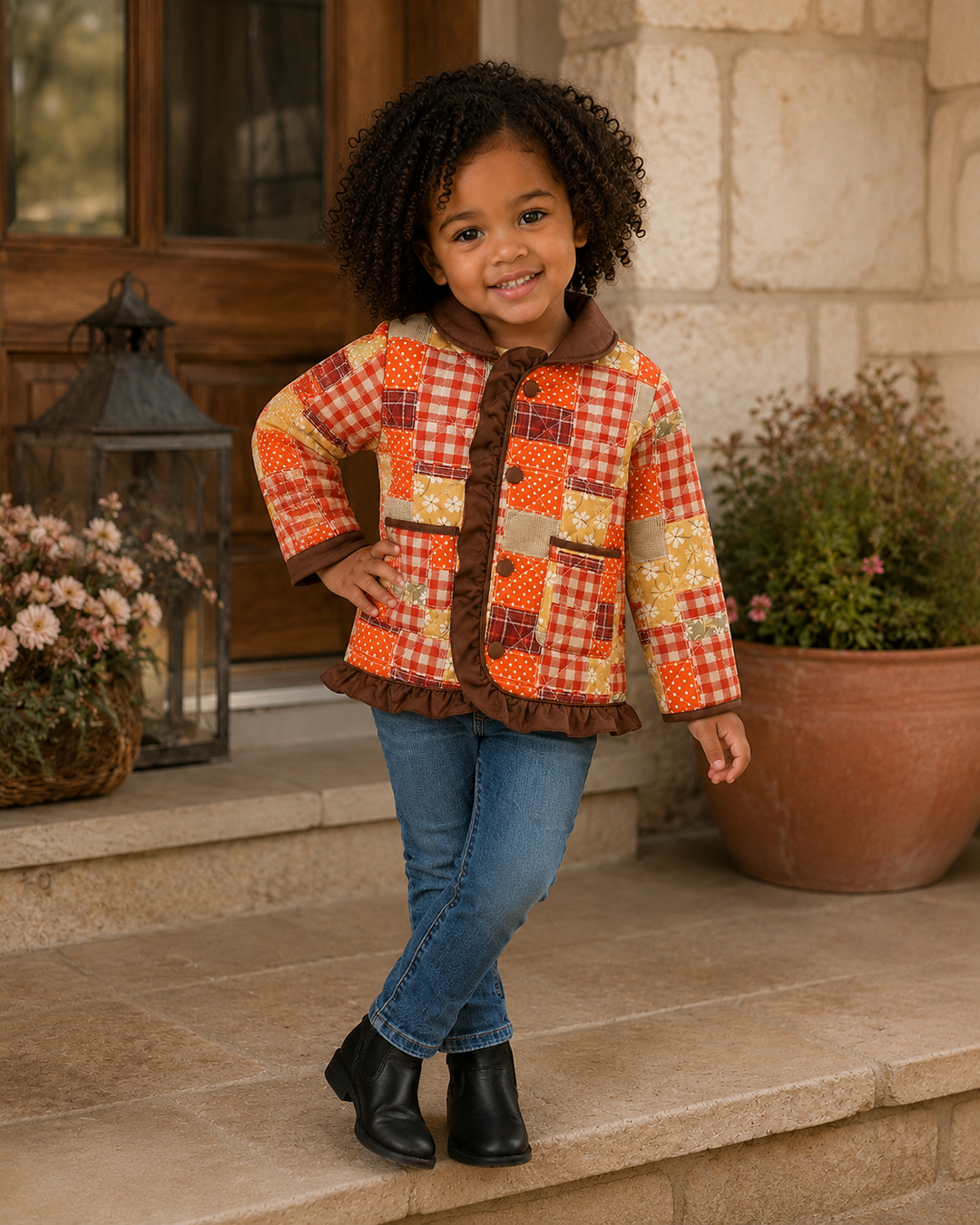 Orange check patchwork ruffle puffer jacket with floral accents, worn with jeans