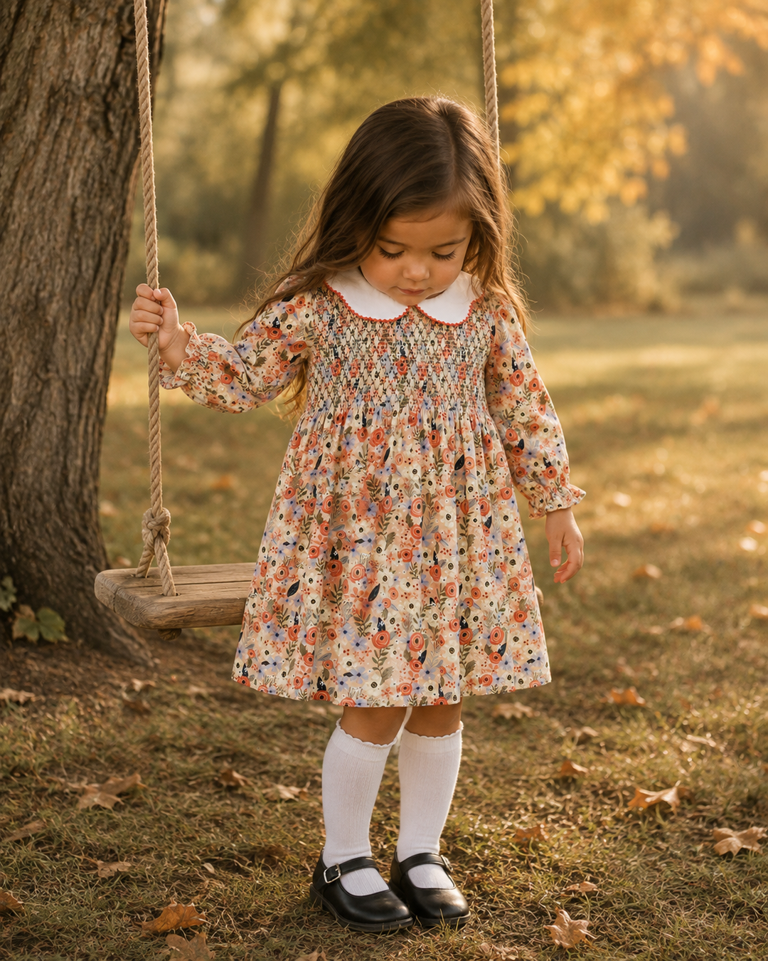 Coral Floral Smocked Long Sleeve Dress
