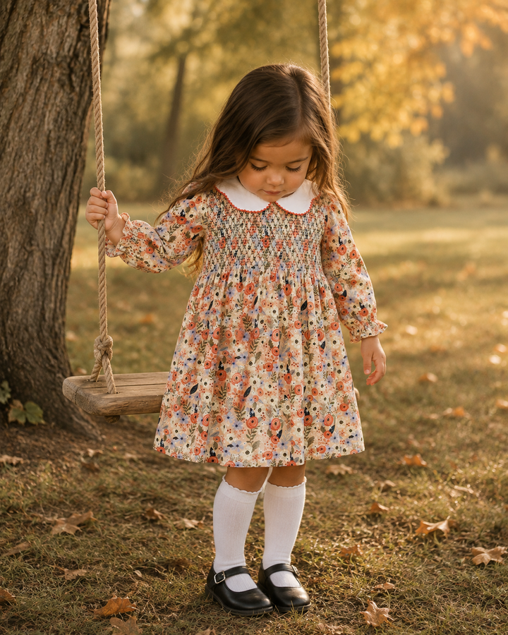 Coral Floral Smocked Long Sleeve Dress