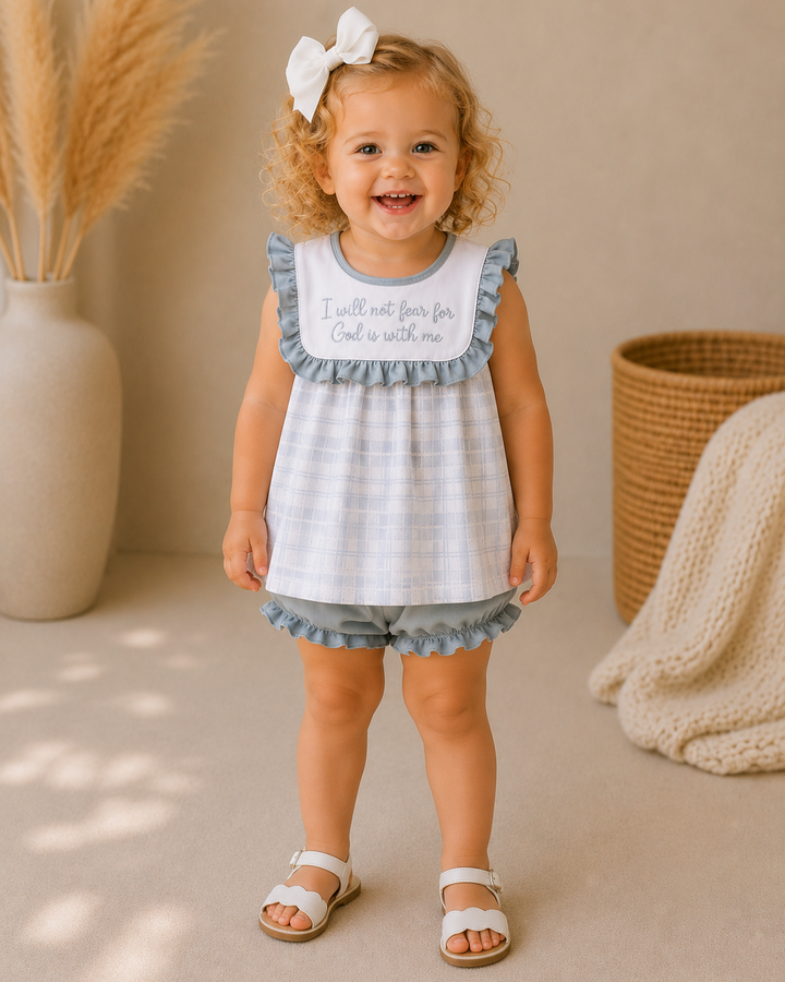 Infant faith quote bloomer set on baby: ruffled plaid dress and gray bloomer shorts