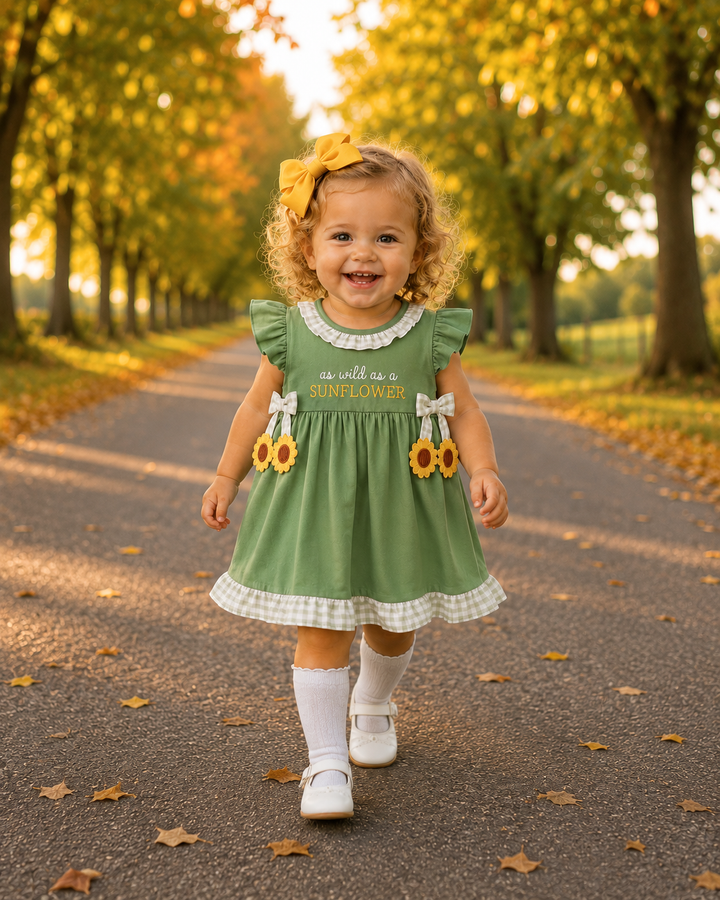 A toddler girl walking on a tree-lined path wearing a sage green dress with &