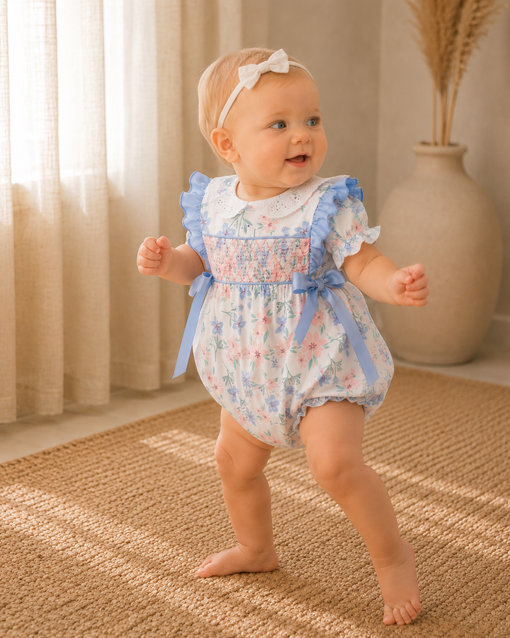 Blue Floral Smocked Ruffle Bubble