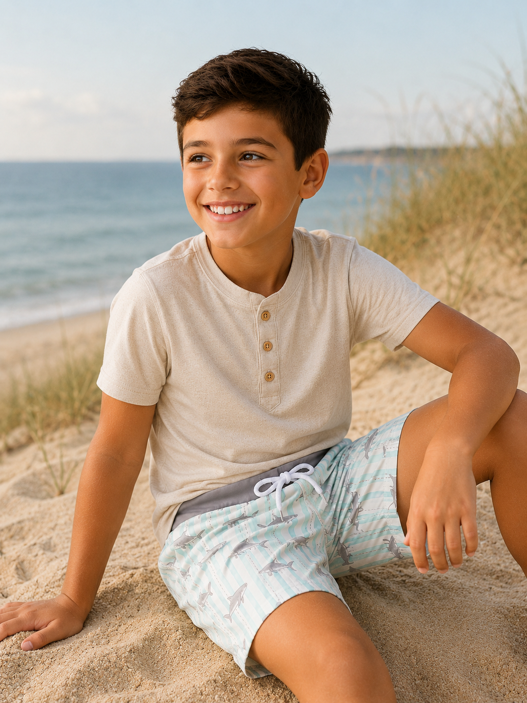 Green Stripe Shark UPF Swim Trunks