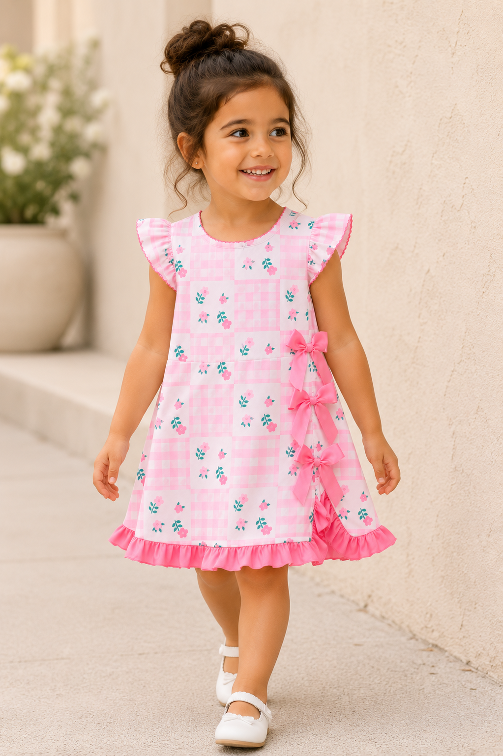 Pink Floral Gingham Ruffle Dress