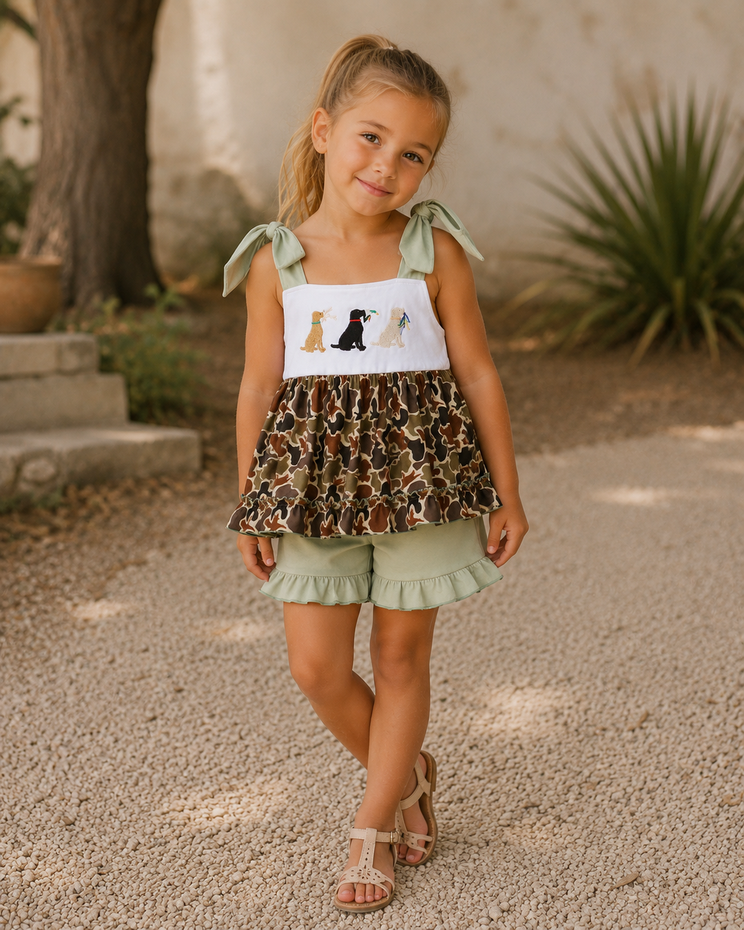 Camo Hunting Embroidered Ruffle Shorts Set