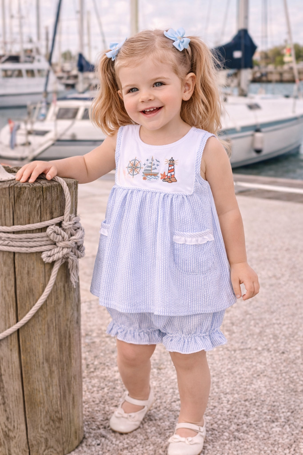 Blue Sailboat Embroidered Ruffle Shorts Set