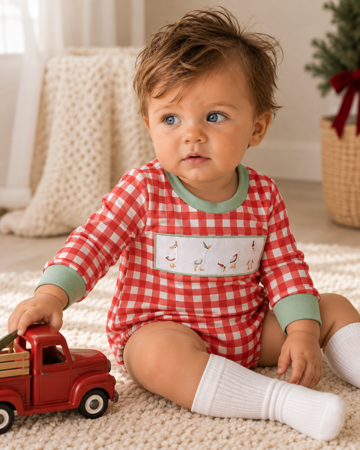Red and white gingham bubble romper with duck-geese embroidery and green cuffs on baby
