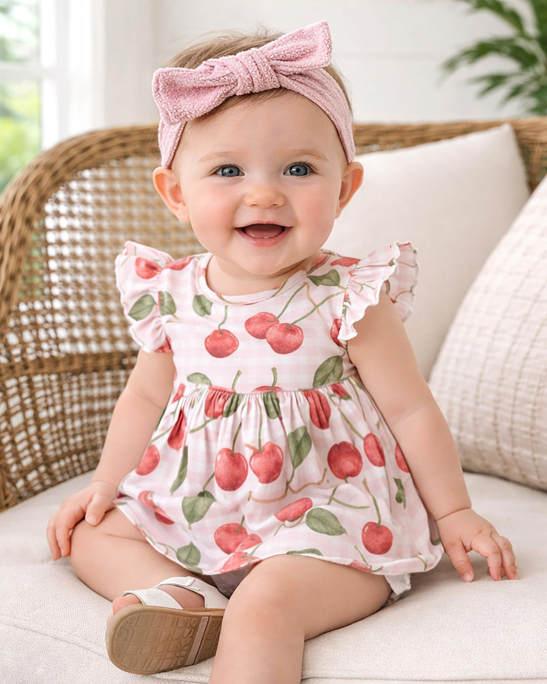 Baby wearing a cherry-patterned dress and pink headband sitting on a couch.