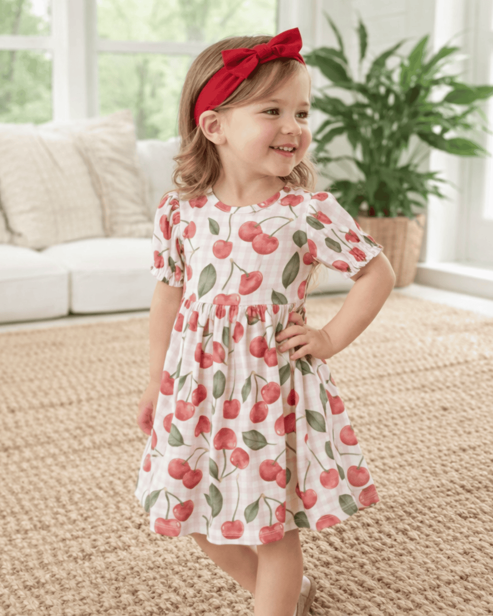 Child wearing a cherry-patterned dress with a red headband in a home setting.
