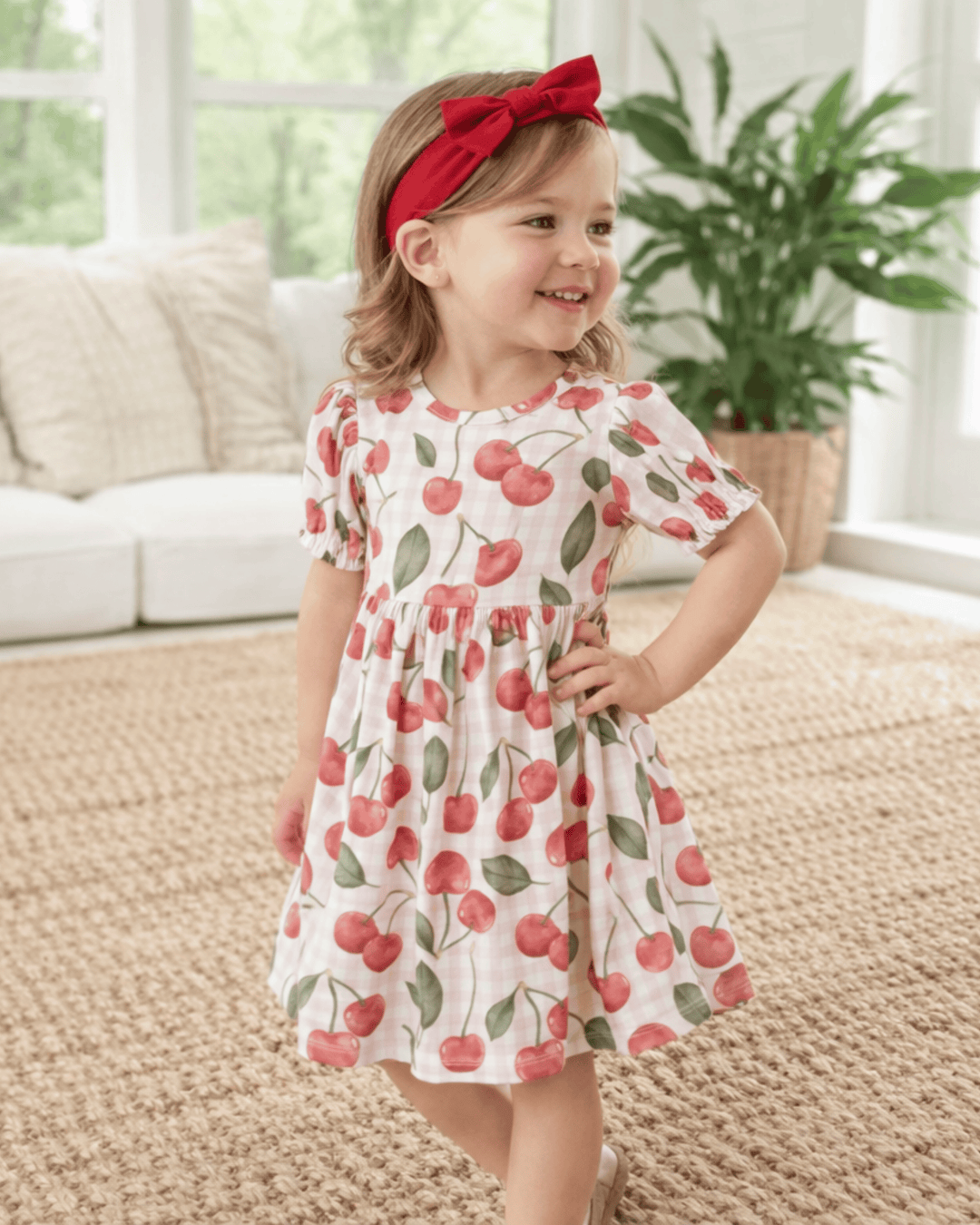 Child wearing a cherry-patterned dress with a red headband in a home setting.