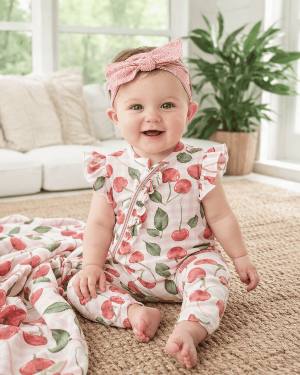 Baby wearing a cherry-patterned outfit and pink headband sitting on a carpeted floor.