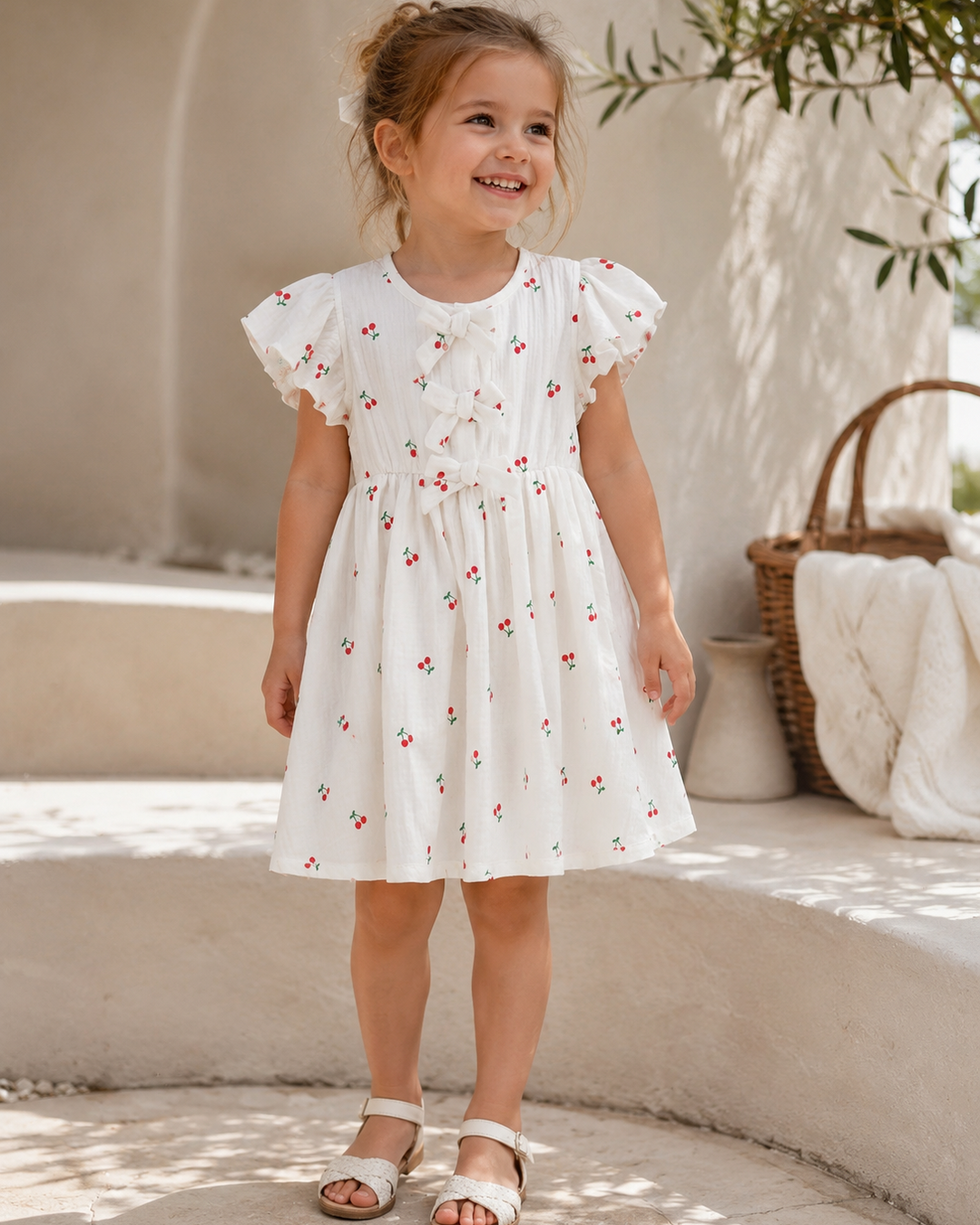 Young girl in white dress with cherry print