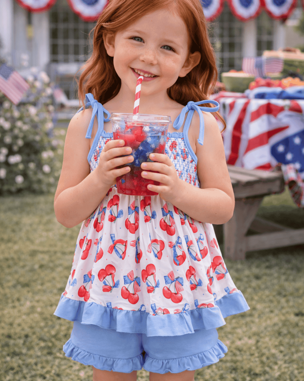 Cherry Smocked Ruffle Shorts Set