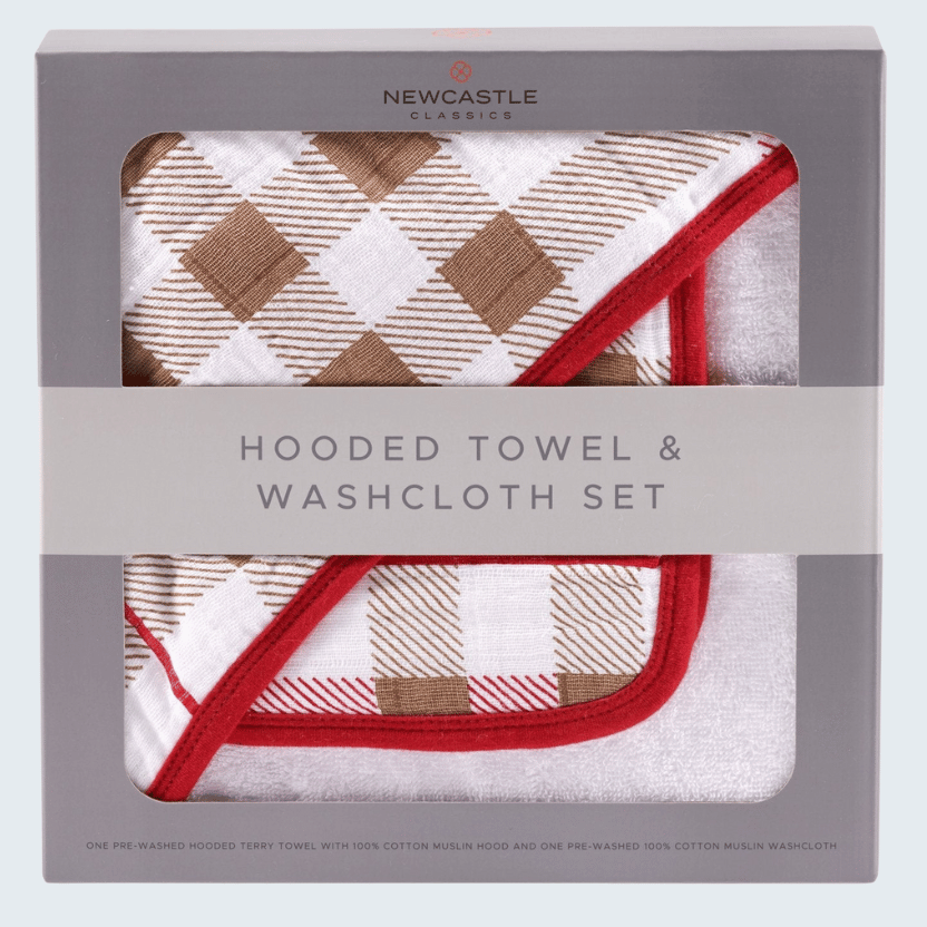 Plaid Cotton Hooded Towel and Washcloth Set