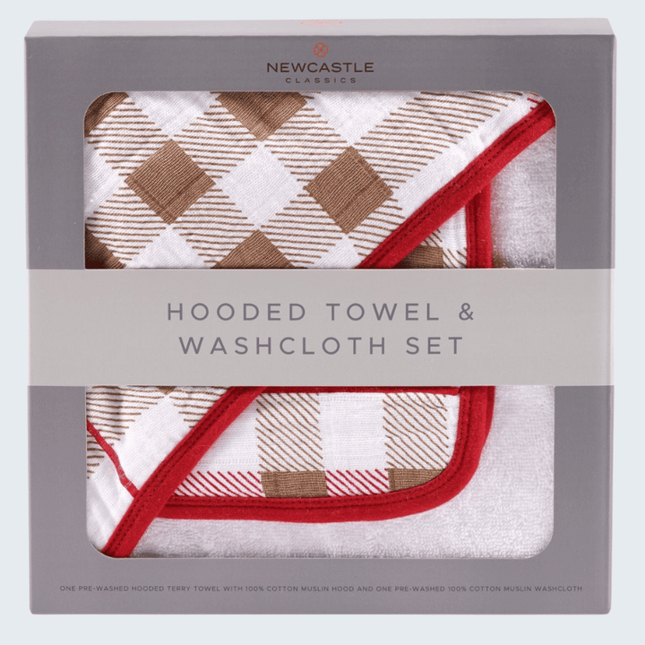 Plaid Cotton Hooded Towel and Washcloth Set